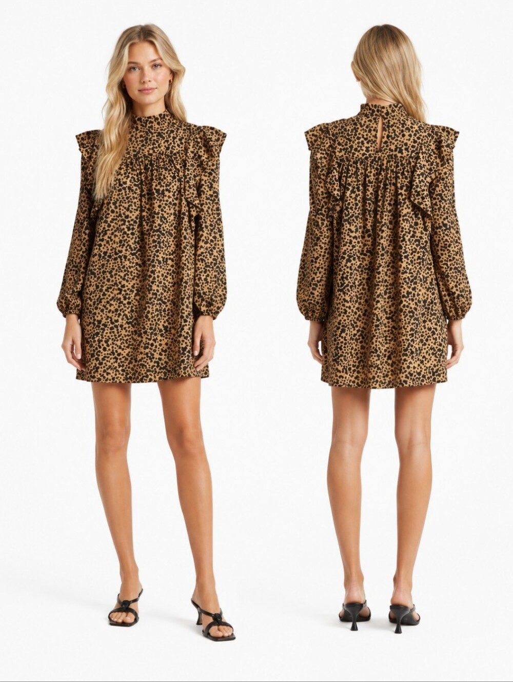 WAYF Pierce Leopard Print Long Sleeve brown/black Mock Neck Boho Minidress Sz S